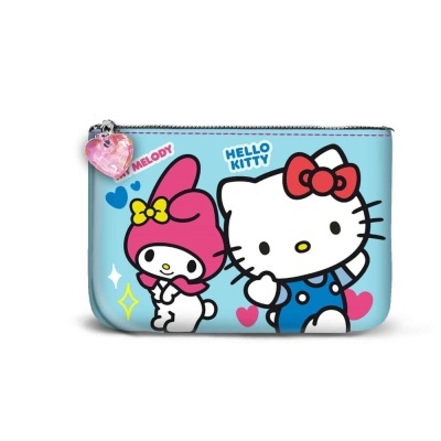 Estojo azul com desenhos de Hello Kitty e Melody e fecho com pendente em coração cor-de-rosa