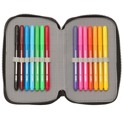 Estojo aberto com 14 canetas coloridas finas organizadas por elásticos