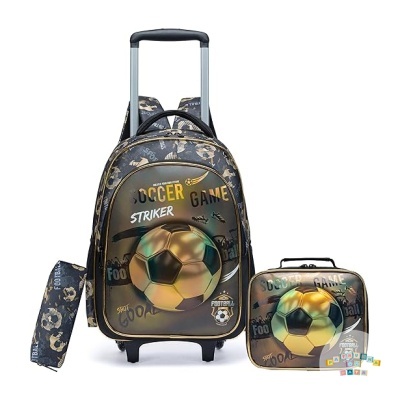 Mochila de rodinhas e estojo infantil com tema futebol preto e dourado
