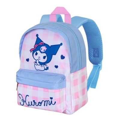Mochila infantil azul e rosa com padrão xadrez e personagem Kuromi