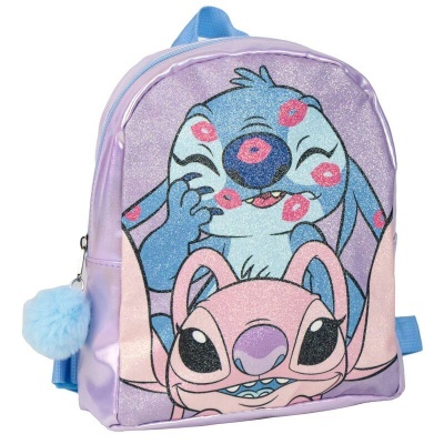 Mochila infantil lilás com personagens Stitch e Angel e pompom azul