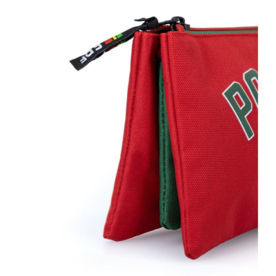 Bolsa multifunções vermelha e verde com fecho de correr preto e detalhe de texto