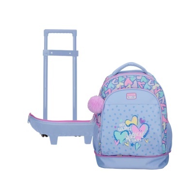 Mochila azul clara com corações coloridos e suporte rígido com rodas