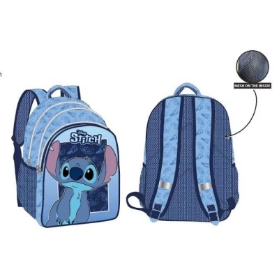 Mochila azul com personagem Stitch e texto 'Stitch'