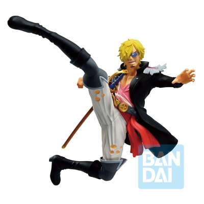 Figura de ação de Sanji com cabelo loiro, casaco preto e calças brancas em pose de chute.