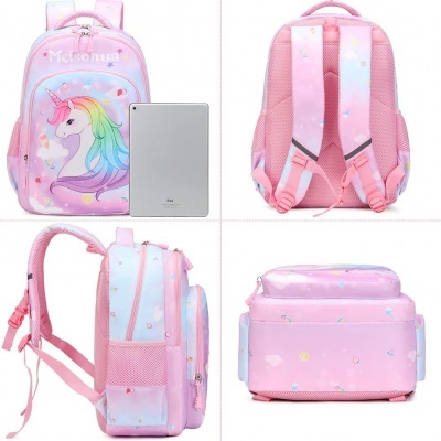Mochila infantil rosa e lilás com desenho de unicórnio e alças acolchoadas