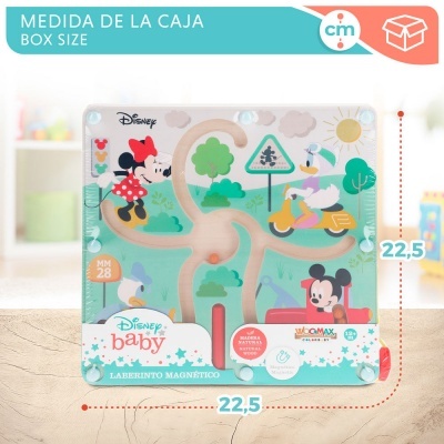 Labirinto magnético Disney Baby com personagens e gráfico de medidas da caixa
