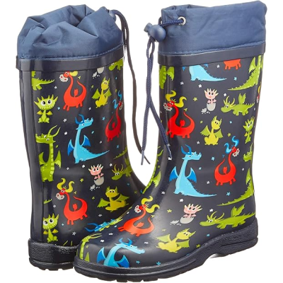 Botas de chuva infantis coloridas com estampa de dinossauros e cordão azul no topo