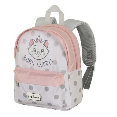 Mochila infantil branca com bolinhas cinzentas, personagem Marie, texto Born Cuddly, detalhes rosa, alças cinzentas