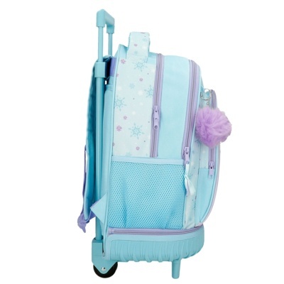 Mala de viagem infantil azul claro com rodas e padrão de flocos de neve