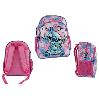 Mochila infantil rosa com estampa do Stitch e alças acolchoadas