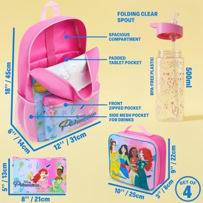Conjunto de mochila rosa, lancheira, bolsa e garrafa com ilustrações e medidas em cm e polegadas