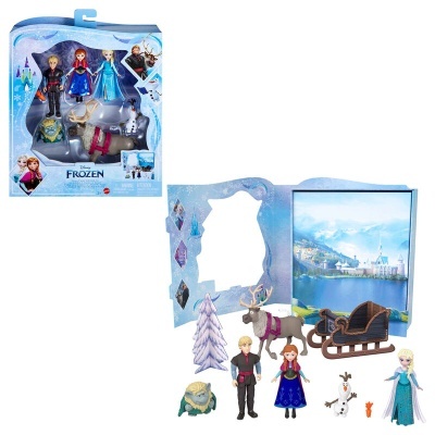 Brinquedos Disney Frozen com personagens e acessórios em embalagem azul