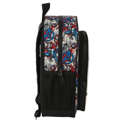 Mochila infantil dos Vingadores com estampa colorida e bolsos laterais em rede preta
