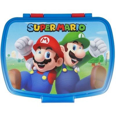 Caixa de lanche azul com imagem colorida de Super Mario e Luigi