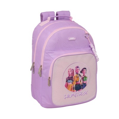 Mochila roxa com bolso frontal rosa claro e imagem de três personagens femininas.
