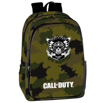 Mochila camuflada verde com logótipo Call of Duty e emblema com caveira