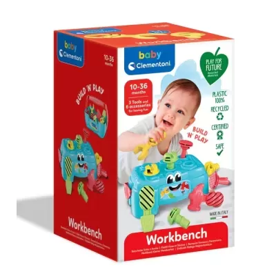 Caixa de brinquedo Workbench bébé azul com ferramentas coloridas