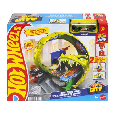 Brinquedo Hot Wheels cidade com carrinho e pista espiral em forma de cobra em embalagem colorida