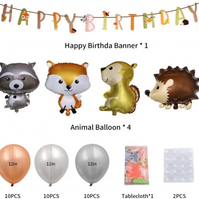 Conjunto de decoração de festa com faixa, balões de animais e acessórios.