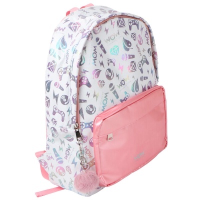 mochila branca com padrões coloridos e bolso rosa