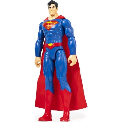 Figura de ação do Super-Homem em fato azul com capa vermelha