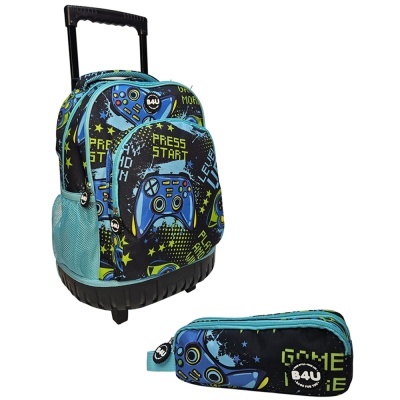 Mochila escolar azul e preta com padrão de comandos de videojogos e estojo complementar