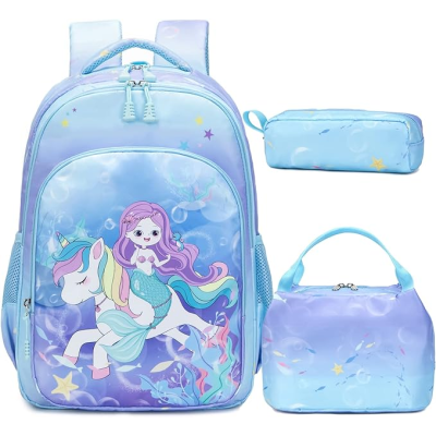 Conjunto infantil azul com mochila, estojo e bolsa térmica com desenho de sereia e unicórnio