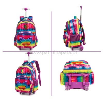 mochila de carrinho colorida tie dye com rodas e puxador roxo
