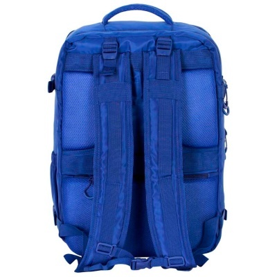 Mochila azul vista de costas com alças acolchoadas e pega superior