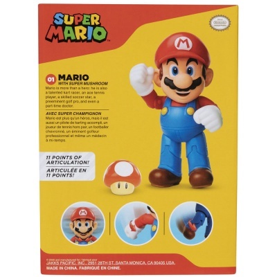 Embalagem com figura do personagem Mario em plástico com roupa azul e vermelha, boné com M branco, e cogumelo super