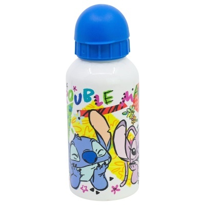 Garrafa branca com tampa azul e desenho de personagens de desenho animado