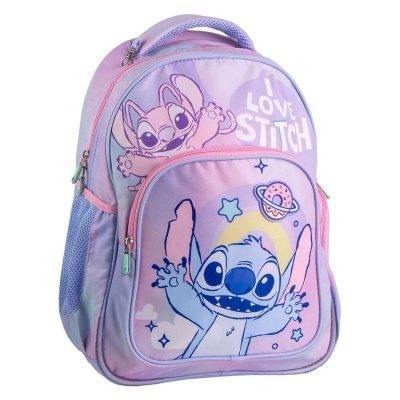 Mochila infantil rosa e lilás com estampas do Stitch