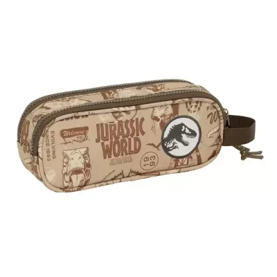 Estojo escolar Jurassic World castanho com padronagem de dinossauros e fecho zipper.