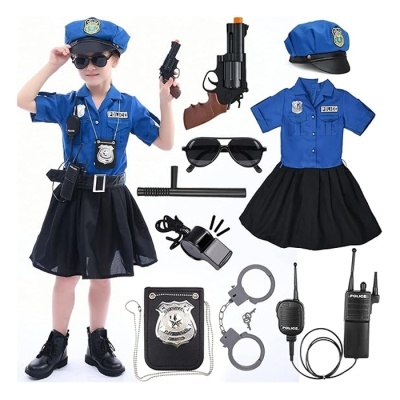 Fato de polícia infantil azul e preto com acessórios