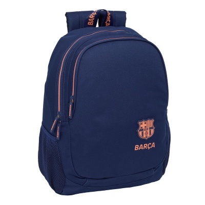 Mochila azul escuro com detalhes laranja e logo do FC Barcelona