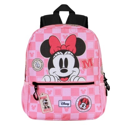 Mochila rosa Minnie Mouse com padrão xadrez e laço vermelho