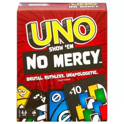 Caixa do jogo de cartas UNO NO MERCY com design colorido e texto grande