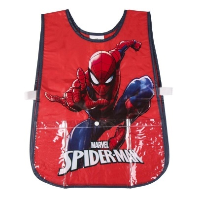 Avental de plástico vermelho com imagem do Homem-Aranha e texto MARVEL SPIDER-MAN