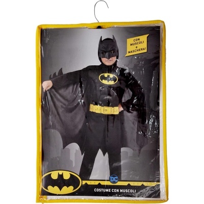 Fato de Carnaval Batman preto com capa e máscara na embalagem