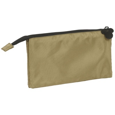 Estojo retangular cáqui com fecho de correr preto e puxador em flor preta