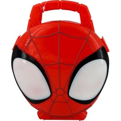Mala vermelha com padrão de Homem-Aranha e olhos grandes
