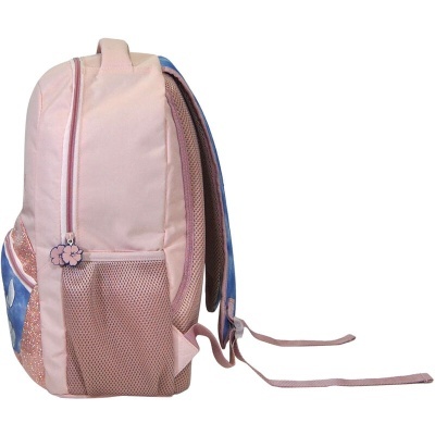 Mochila rosa com bolso azul claro e glitter vista de lado