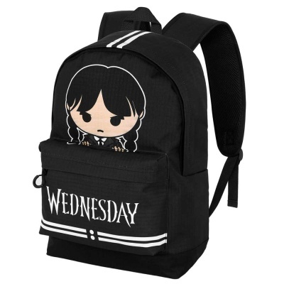 Mochila preta com caricatura e texto Wednesday em branco