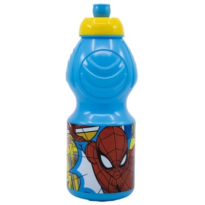 Garrafa de plástico azul com tampa amarela e decoração do Homem-Aranha