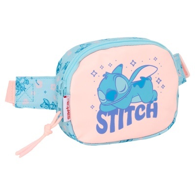Bolsa pochete azul e rosa com personagem Stitch e texto STITCH.