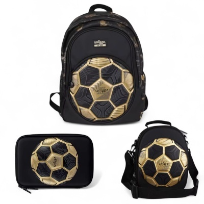 Mochila, mala e bolsa de ombro pretas com padrão dourado e preto em forma de bola de futebol