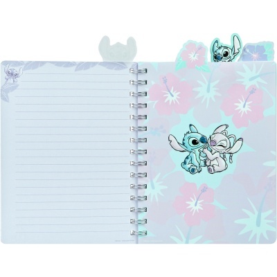 Caderno espiral Disney Stitch com padrão floral e páginas pautadas