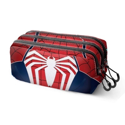 Três bolsas organizadoras vermelhas com padrão de teia de aranha e símbolo de aranha branco