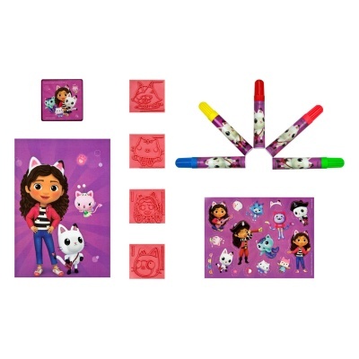 Conjunto de carimbos e marcadores coloridos com desenhos de personagens animados em fundo roxo